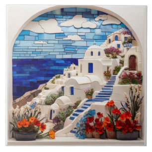 Santorini Faux Relief Mozaïek Boog, Grieks dorp Tegeltje