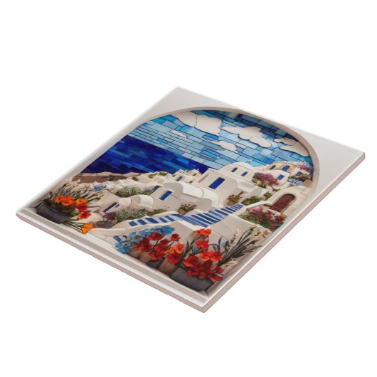 Santorini Faux Relief Mozaïek Boog, Grieks dorp Tegeltje (Zijkant)