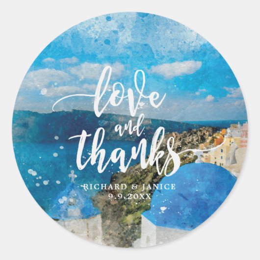 santorini grèce amour et merci autocollant mariage (Devant)