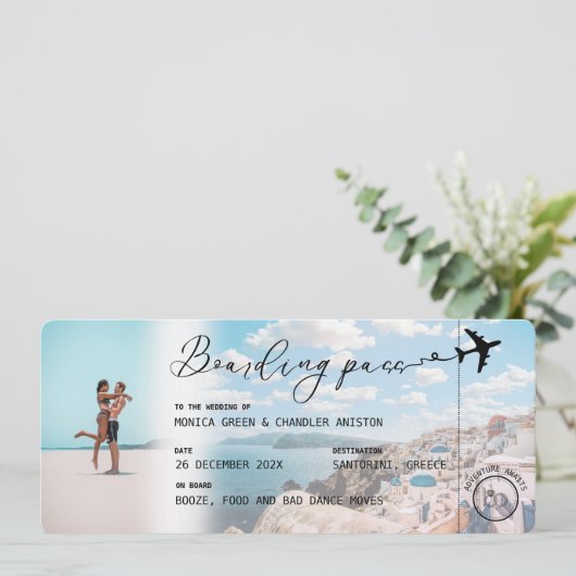 SANTORINI Greece Boarding Pass QR Photo Weduwen Kaart (Staand voorkant)