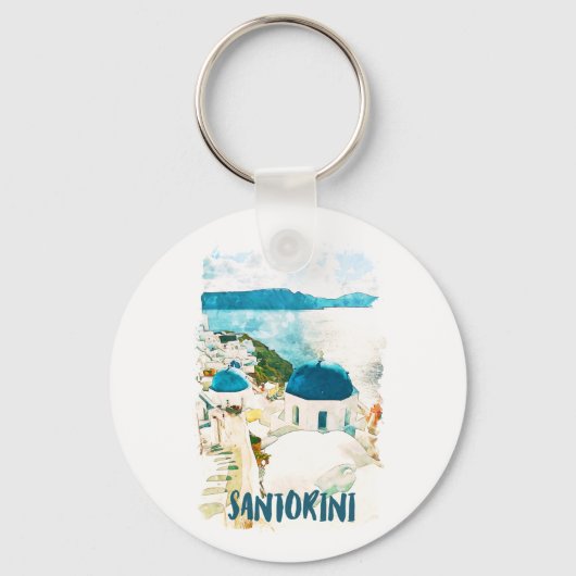 Santorini Greece Travel Waterverf Sleutelhanger (Voorkant)
