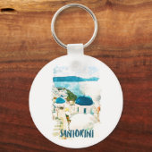 Santorini Greece Travel Waterverf Sleutelhanger (Voorkant)