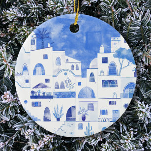 Santorini Greece Watercolor Townscape Keramisch Ornament