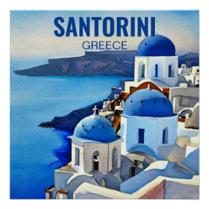 Santorini Greece Waterverf Painting Perfect Poster