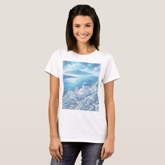 Santorini Greece Waterverf Painting T-shirt (Voorkant volledig)