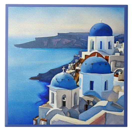 Santorini Greece Waterverf Painting Tegeltje (Voorkant)