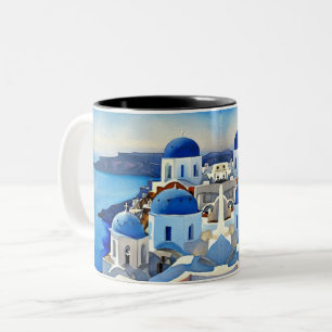 Santorini Greece Waterverf Painting Tweekleurige Koffiemok