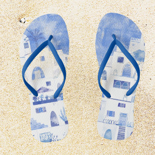 Santorini Griekenland Aquarel Blauw Wit Teenslippers