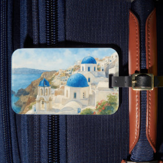 Santorini Griekenland Aquarel Blauwe Koepelkerk Ku Bagagelabel