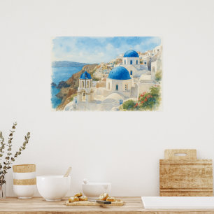 Santorini Griekenland Aquarel Blauwe Koepelkerk Ku Poster