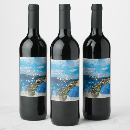Santorini Griekenland aquarel bruiloft wijn fles Wijn Etiket (Flessen)
