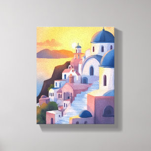Santorini, Griekenland   Aquarel Kustlijn Zonsonde Canvas Afdruk