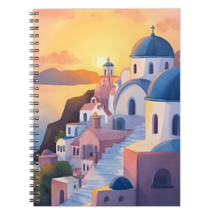 Santorini, Griekenland Aquarel Kustlijn Zonsonde Notitieboek