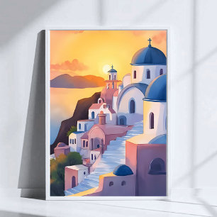 Santorini, Griekenland   Aquarel Kustlijn Zonsonde Poster