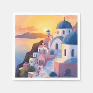 Santorini, Griekenland Aquarel Kustlijn Zonsonde Servet