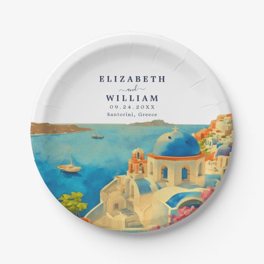 Santorini Griekenland Aquarel Silhouet Trouwdag Papieren Bordje (Voorkant)