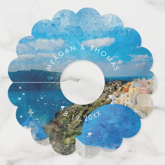 Santorini Griekenland bestemming getrouwd in het b Wijnglaslabel (Voorkant)