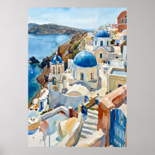 Santorini Griekenland Blauwe Koepels Poster