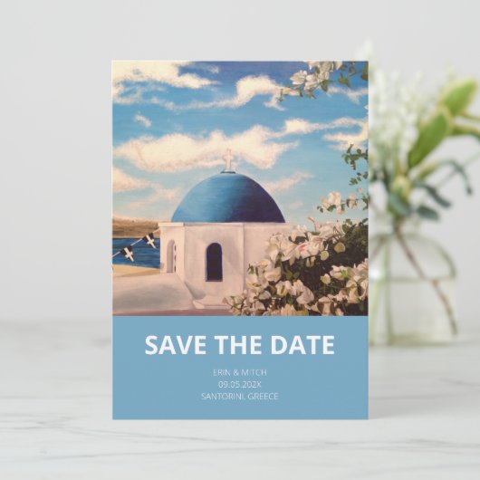 Santorini Griekenland Bruiloft Save the Date Uitno (Staand voorkant)