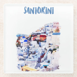 Santorini Griekenland Illustratie Waterverf Glazen Onderzetter