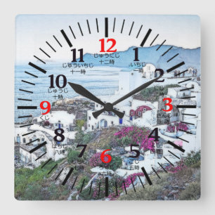 Santorini, Griekenland klok in het Engels en Japan