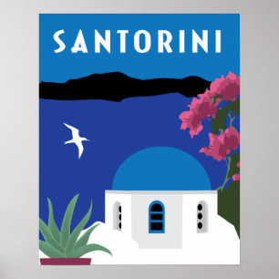 Santorini Griekenland vintage reisstijl illustrati Poster