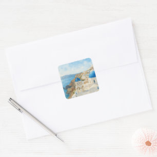 Santorini Griekenland Watercolor Blauwe Koepelker Vierkante Sticker
