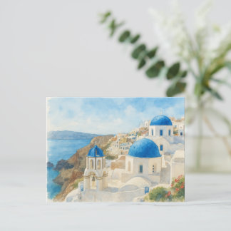 Santorini Griekenland Watercolor Kaart, Blauwe Koe Briefkaart