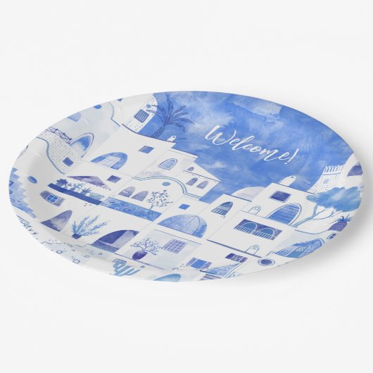 Santorini Griekenland Waterverf Aangepaste tekst Papieren Bordje (Gekanteld)