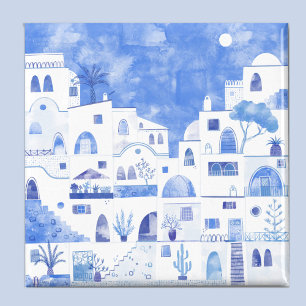 Santorini Griekenland Waterverf Art Blauw en Wit Magneet