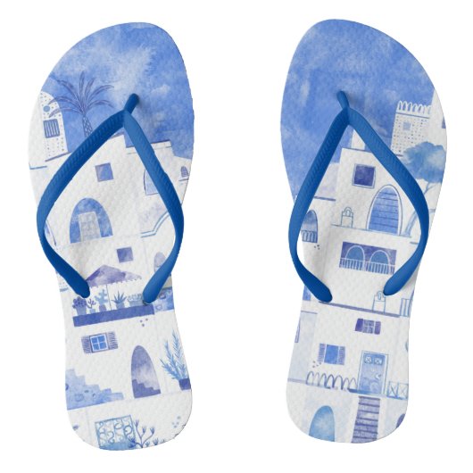 Santorini Griekenland Waterverf Blue White Teenslippers (Voetbed)