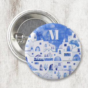 Santorini Griekenland Waterverf Monogram Ronde Button 3,2 Cm