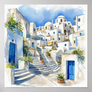 Santorini Griekenland Waterverf Schilderij Vierkan Poster