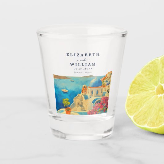 Santorini Griekenland Waterverf Skyline Bruiloft Shot Glas (Voorkant)