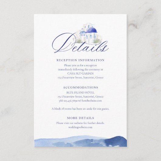 Santorini Griekenland Waterverf Trouwgegevens Informatiekaartje (Voorkant)