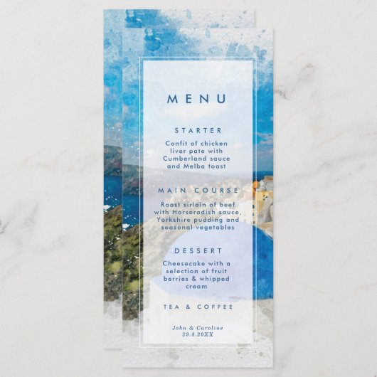 Santorini, Griekenland zomer bruiloft menu kaarten (Voorkant / Achterkant)