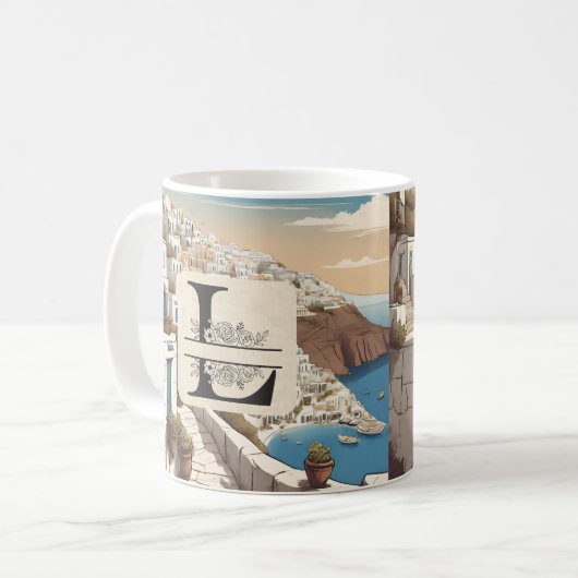 Santorini Grieks eiland monogram reizen blauw Koffiemok (Voorkant links)