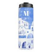 Santorini Grieks Eiland Waterverf Monogram Thermosbeker (Voorkant)