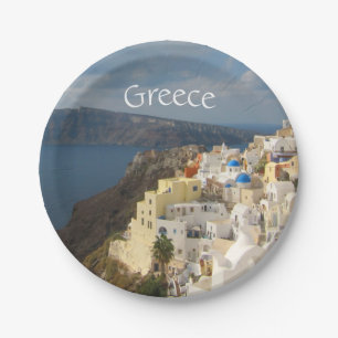 Santorini in de middag van de zon papieren bordje