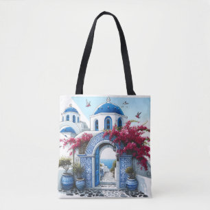 Santorini Kerk Blauw Bruiloft Jubileum Custom Draagtas