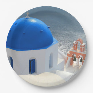 Santorini-kerk in de middag van de zon papieren bordje