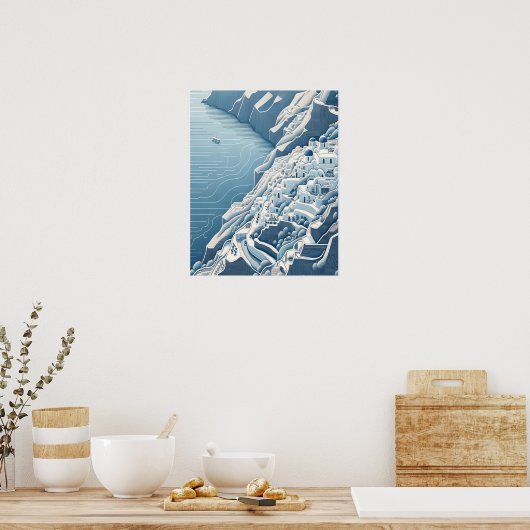 Santorini minimalistische kunst tekening poster (Keuken)