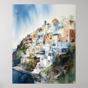 Santorini Oia Griekenland Waterverf Art Print Post