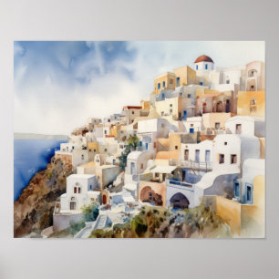 Santorini Oia Griekenland Waterverf Art Print Post