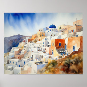 Santorini Oia Griekenland Waterverf Art Print Post
