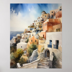 Santorini Oia Griekenland Waterverf Art Print Post