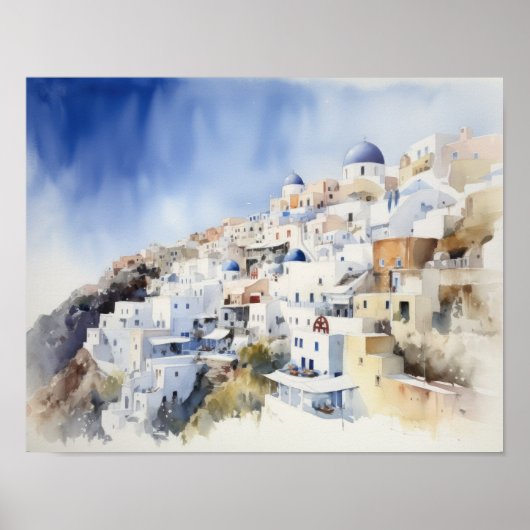Santorini Oia Griekenland Waterverf Art Print Post (Voorkant)