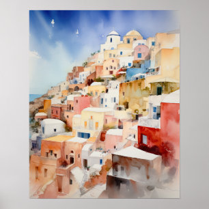 Santorini Oia Griekenland Waterverf Art Print Post