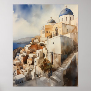 Santorini Oia Griekenland Waterverf Art Print Post