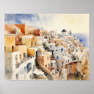 Santorini Oia Griekenland Waterverf Art Print Post